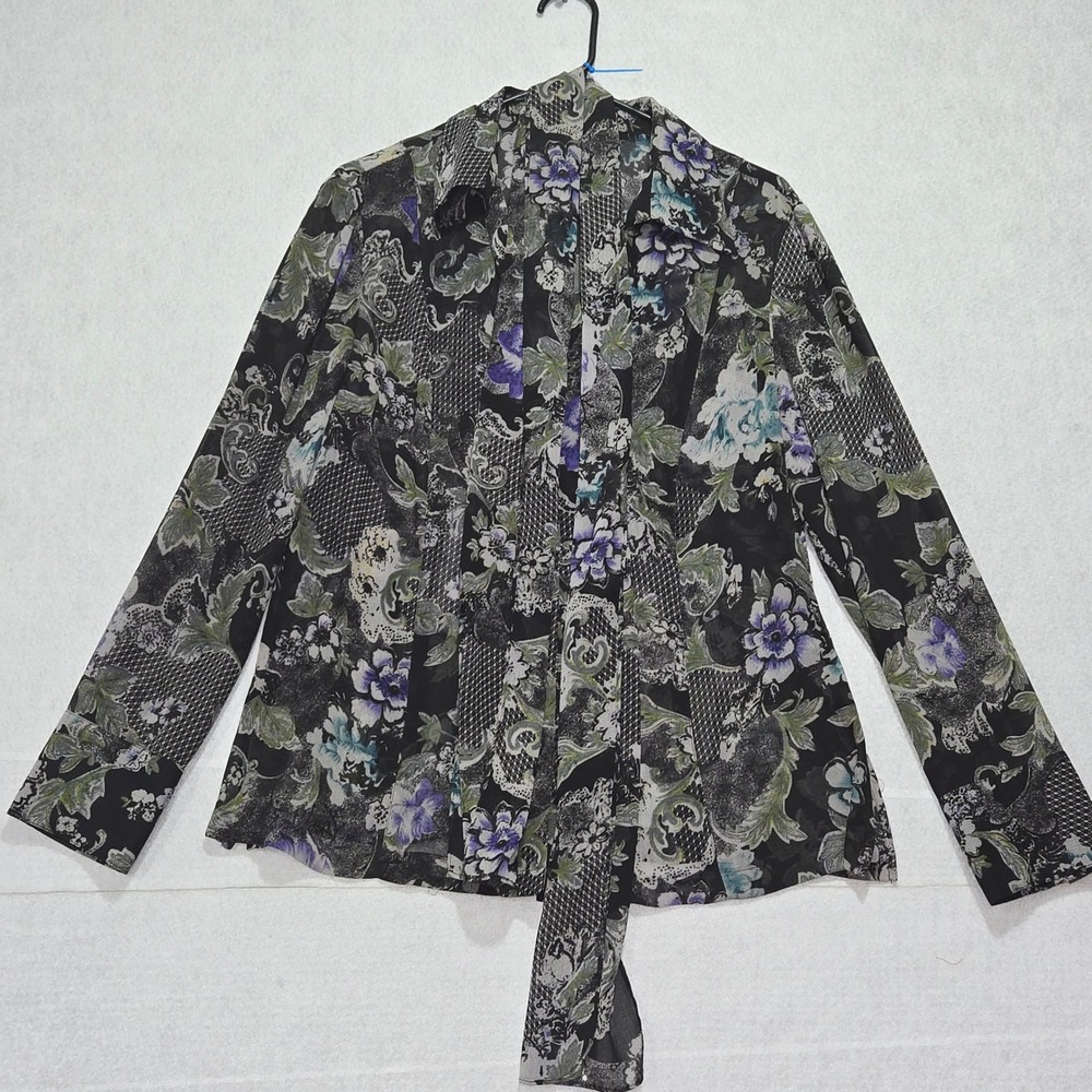 R#90 Evan Picone Womens Floral Print blouse top‎ Black Purple Green Size 14